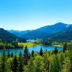 A beautiful landscape featuring a serene lake surrounded by lush green trees and mountains in the background under a clear blue sky