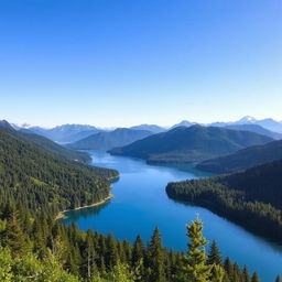 A beautiful landscape featuring a serene lake surrounded by lush green trees and mountains in the background under a clear blue sky