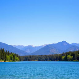 A beautiful landscape featuring a serene lake surrounded by lush green trees and mountains in the background under a clear blue sky