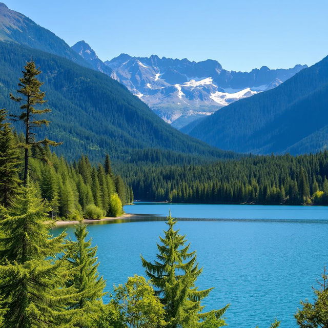 A beautiful landscape featuring a serene lake surrounded by lush green trees and mountains in the background under a clear blue sky