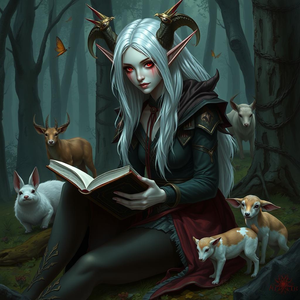 A beautiful Drow woman with red eyes and white hair is sitting in a forest, dressed in a druid suit