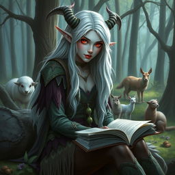 A beautiful Drow woman with red eyes and white hair is sitting in a forest, dressed in a druid suit