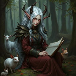 A beautiful Drow woman with red eyes and white hair is sitting in a forest, dressed in a druid suit