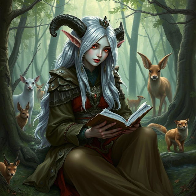 A beautiful Drow woman with red eyes and white hair is sitting in a forest, dressed in a druid suit