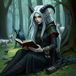 A beautiful Drow woman with red eyes and white hair is sitting in a forest, dressed in a druid suit