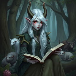 A beautiful Drow woman with red eyes and white hair is sitting in a forest, dressed in a druid suit