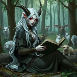 A beautiful Drow woman with red eyes and white hair is sitting in a forest, dressed in a druid suit