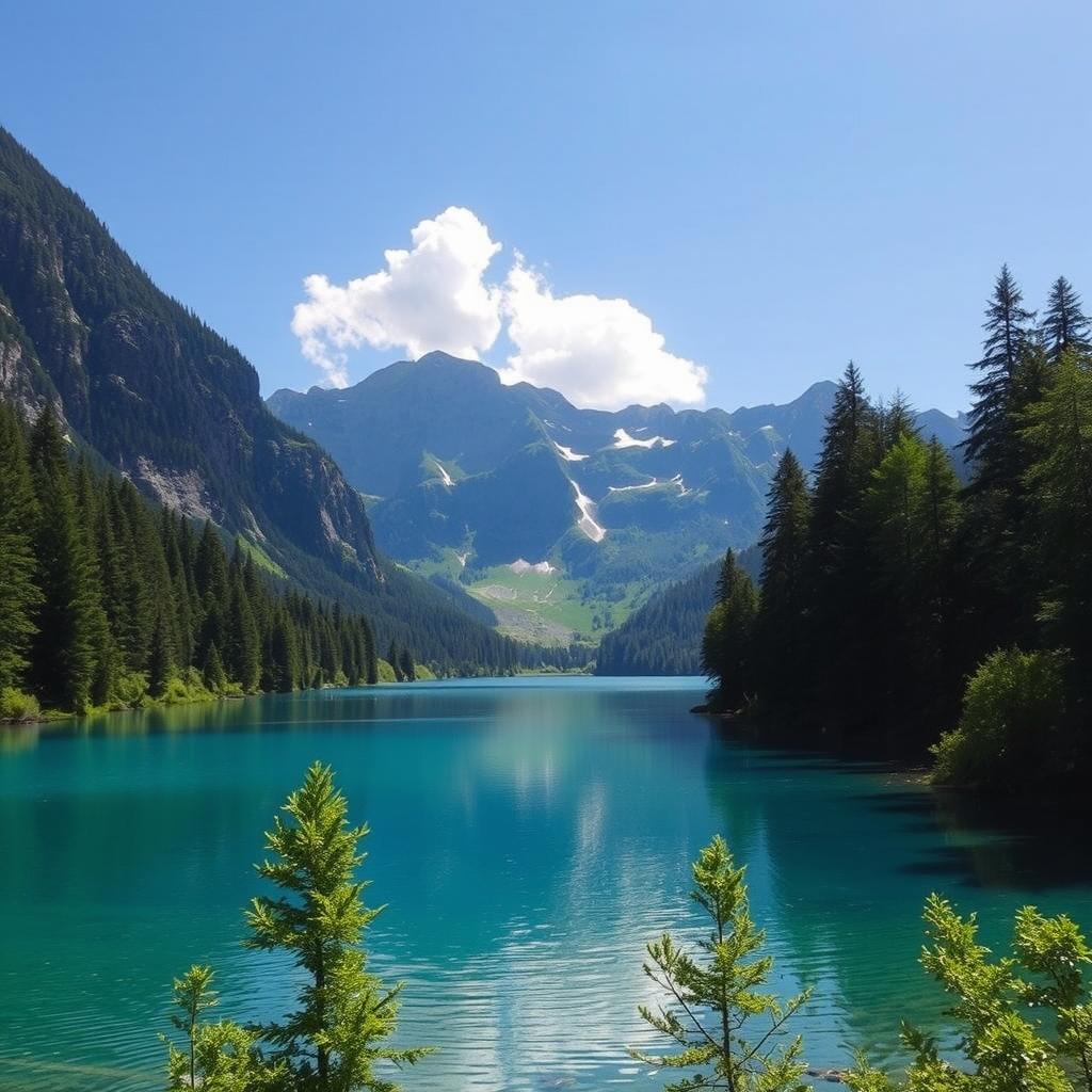 A beautiful serene landscape featuring a clear blue lake surrounded by lush green trees, with a majestic mountain range in the background and a clear sky with a few fluffy white clouds