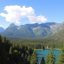 A beautiful serene landscape featuring a clear blue lake surrounded by lush green trees, with a majestic mountain range in the background and a clear sky with a few fluffy white clouds