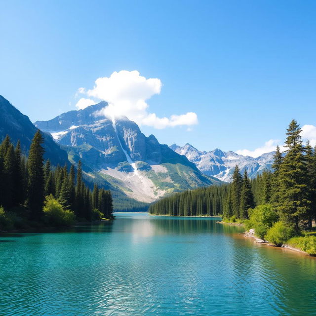 A beautiful serene landscape featuring a clear blue lake surrounded by lush green trees, with a majestic mountain range in the background and a clear sky with a few fluffy white clouds