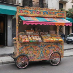 A stylish and aesthetically pleasing food cart, laden with colorful, mouth-watering foods and intricate design details