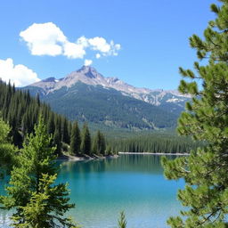 A beautiful serene landscape featuring a clear blue lake surrounded by lush green trees, with a majestic mountain range in the background and a clear sky with a few fluffy white clouds
