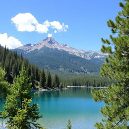 A beautiful serene landscape featuring a clear blue lake surrounded by lush green trees, with a majestic mountain range in the background and a clear sky with a few fluffy white clouds