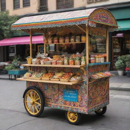 A stylish and aesthetically pleasing food cart, laden with colorful, mouth-watering foods and intricate design details