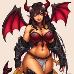 A mature demon-girl with yellow skin, long dark brown hair, and pink eyes