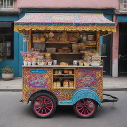 A stylish and aesthetically pleasing food cart, laden with colorful, mouth-watering foods and intricate design details