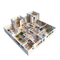 A detailed 3D elevation view of a 3BHK (3 bedrooms, hall, kitchen) modern apartment building with impressive architectural design.