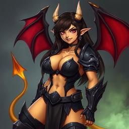 A mature demon-girl with yellow skin, long dark brown hair, and pink eyes