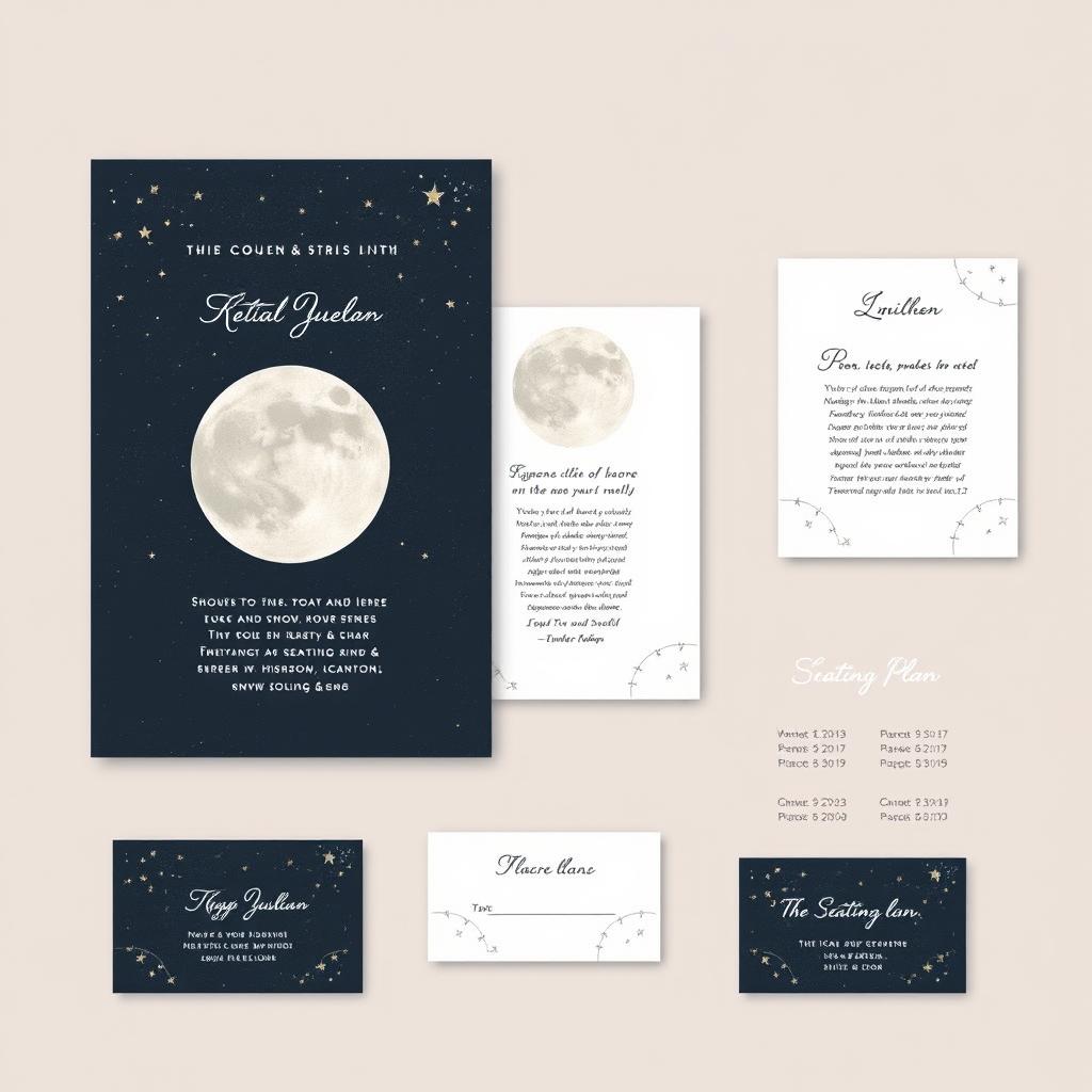 Create wedding stationery visuals with a celestial theme, featuring moons and stars, in a minimalist style