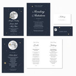 Create wedding stationery visuals with a celestial theme, featuring moons and stars, in a minimalist style