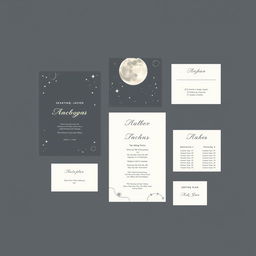 Create wedding stationery visuals with a celestial theme, featuring moons and stars, in a minimalist style