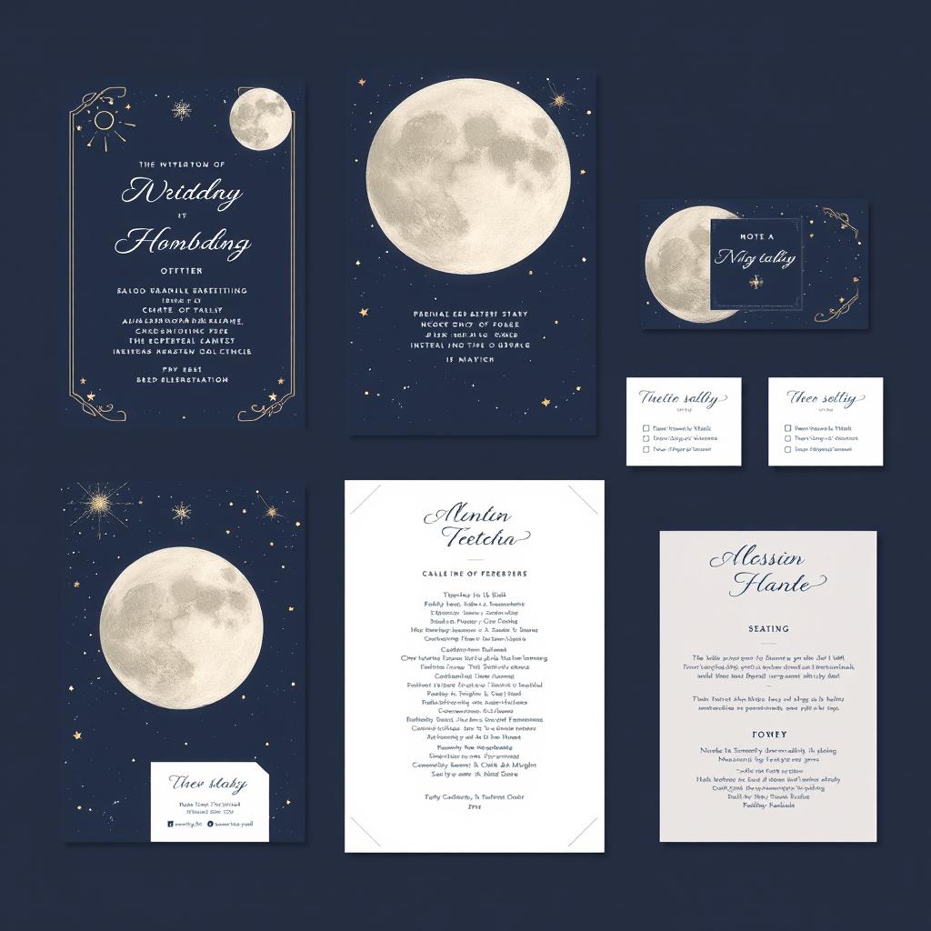 Create wedding stationery visuals with a celestial theme, featuring moons and stars, in a minimalist style