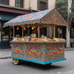 A stylish and aesthetically pleasing food cart, laden with colorful, mouth-watering foods and intricate design details