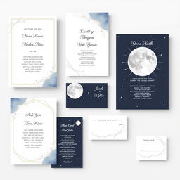 Create wedding stationery visuals with a celestial theme, featuring moons and stars, in a minimalist style with white backgrounds