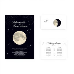 Create wedding stationery visuals with a celestial theme, featuring moons and stars, in a minimalist style with white backgrounds