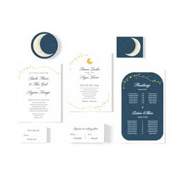 Create wedding stationery visuals with a celestial theme, featuring moons and stars, in a minimalist style with white backgrounds