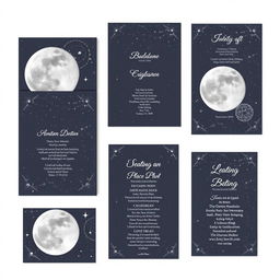 Create wedding stationery visuals with a celestial theme, featuring moons and stars, in a minimalist style with white backgrounds