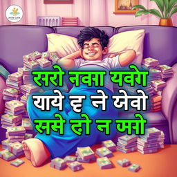 A vibrant and cheerful image with a person comfortably sleeping on a couch, surrounded by stacks of money