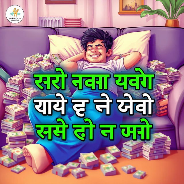 A vibrant and cheerful image with a person comfortably sleeping on a couch, surrounded by stacks of money