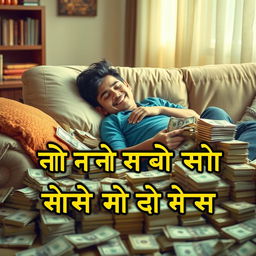 A vibrant and cheerful image with a person comfortably sleeping on a couch, surrounded by stacks of money