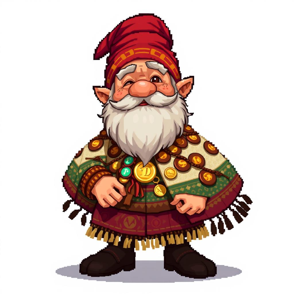Create a dwarf character wearing a poncho that resembles the Ekeko from Bolivia