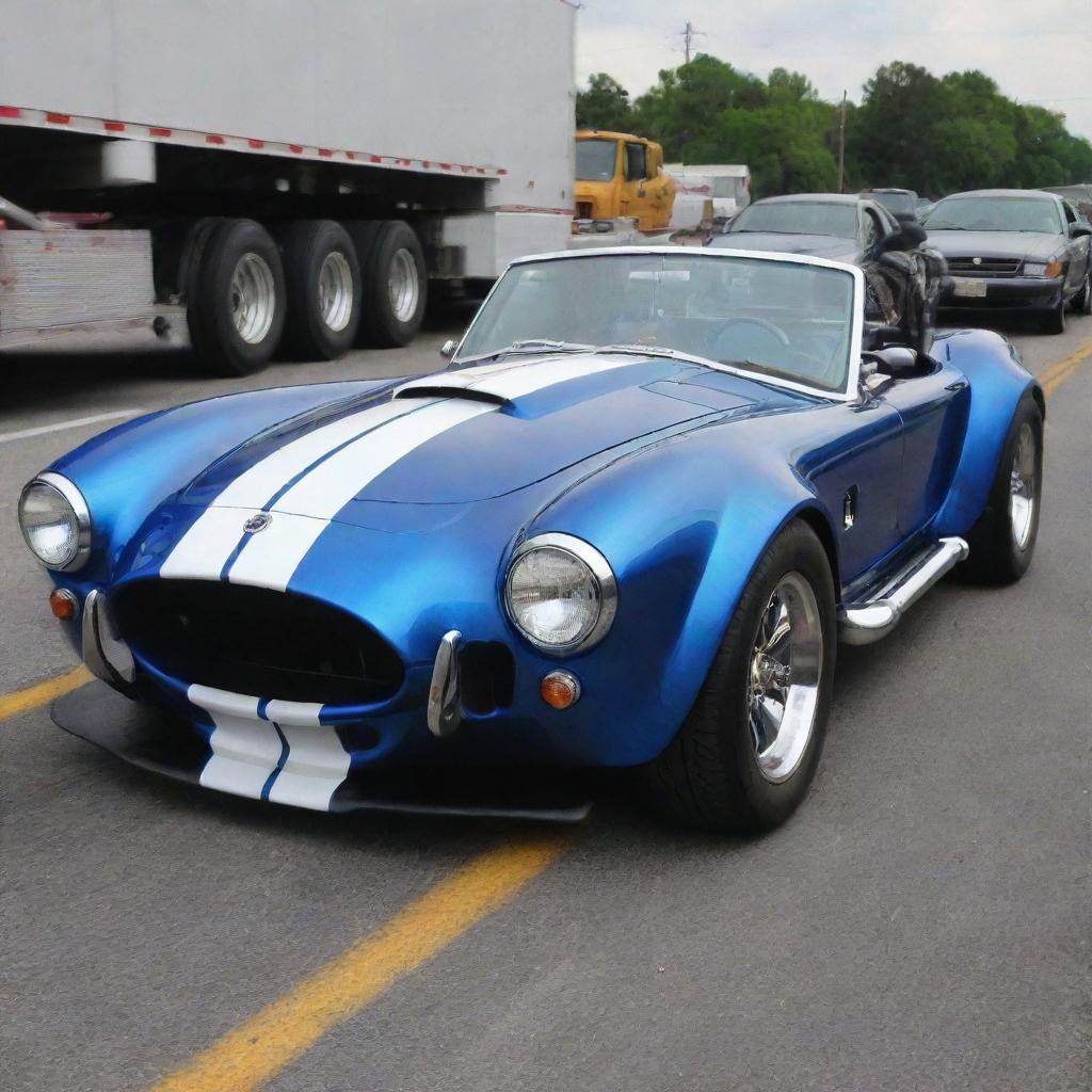 A realistic representation of Carroll Shelby's Personal Cobra 427 Super Snake, CSX 3015, severely damaged in a gripping traffic accident scene