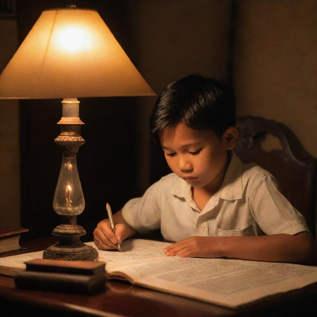 A young Filipino child diligently doing his homework under the warm glow of an antique lamp, emphasizing dedication and perseverance in a peaceful, night-time setting.