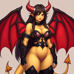 A mature demon-girl with yellow skin, long dark brown hair, and pink eyes