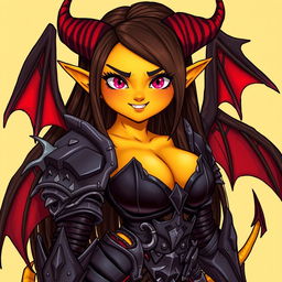 A mature demon-girl with yellow skin, long dark brown hair, and pink eyes