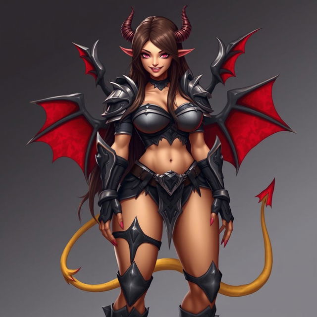 A mature demon-girl with yellow skin, long dark brown hair, and pink eyes