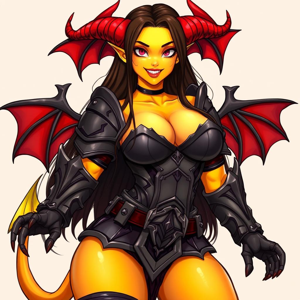 A mature demon-girl with yellow skin, long dark brown hair, and pink eyes