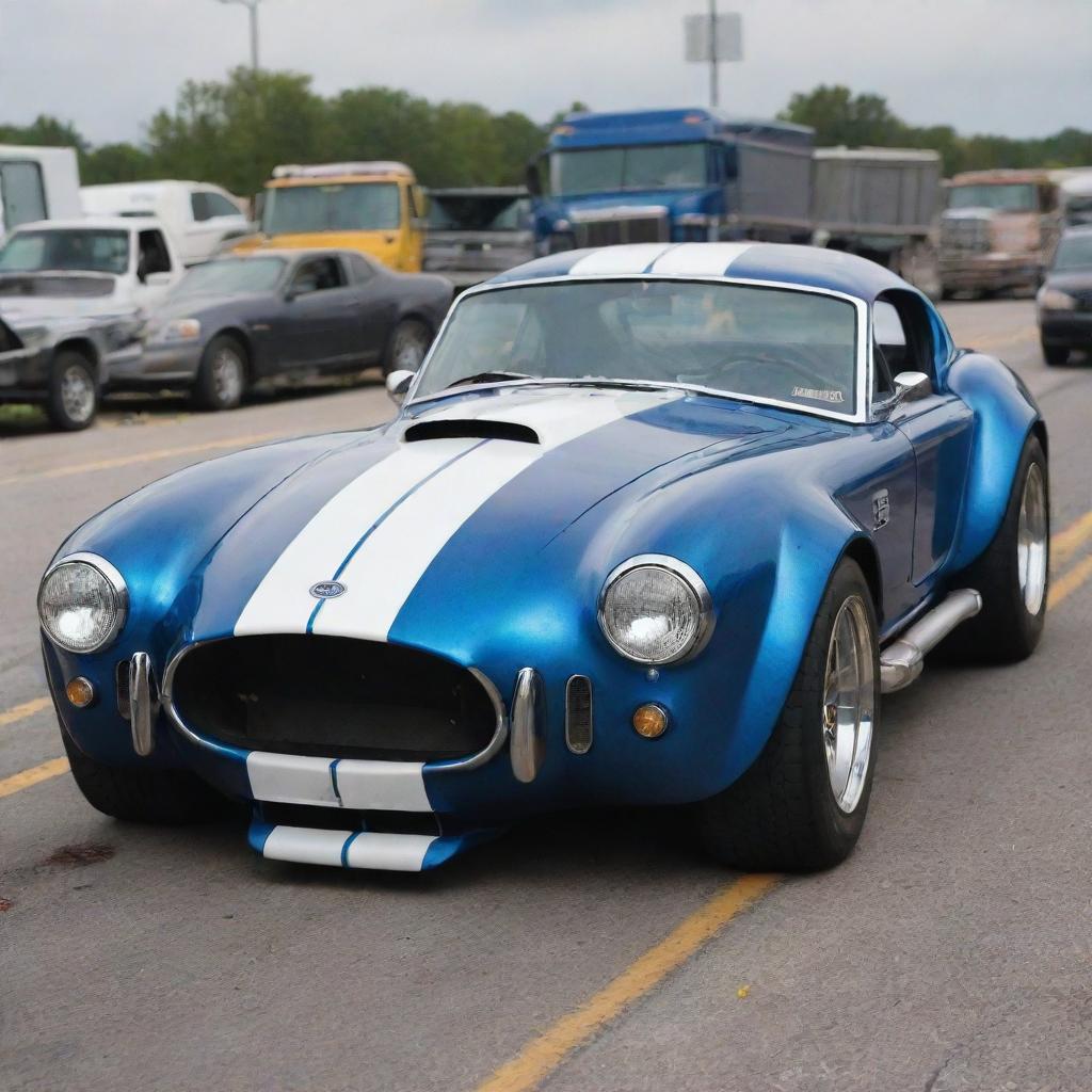 A realistic representation of Carroll Shelby's Personal Cobra 427 Super Snake, CSX 3015, severely damaged in a gripping traffic accident scene