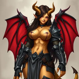 A mature demon-girl with yellow skin, long dark brown hair, and pink eyes