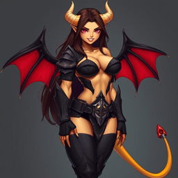 A mature demon-girl with yellow skin, long dark brown hair, and pink eyes