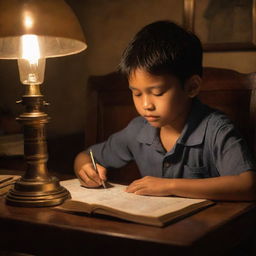 A young Filipino child diligently doing his homework under the warm glow of an antique lamp, emphasizing dedication and perseverance in a peaceful, night-time setting.