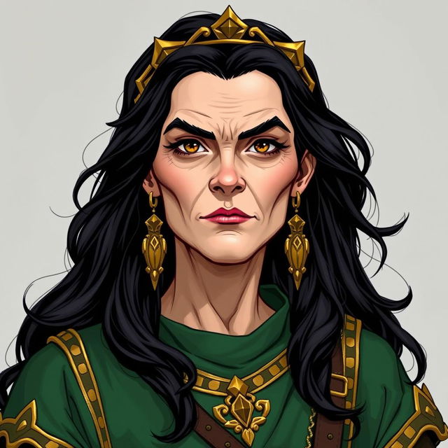 Create a 60-year-old human woman with black hair, an arrogant and defiant appearance