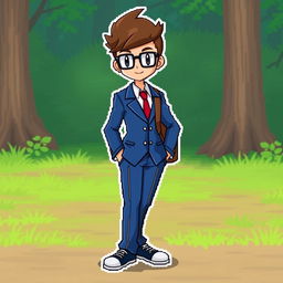 Create a complete overworld sprite of a Pokémon trainer wearing a blue suit and glasses