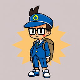 Create a complete overworld sprite of a Pokémon trainer wearing a blue suit and glasses