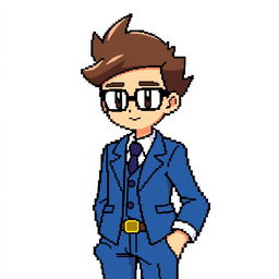 Create a complete overworld sprite of a Pokémon trainer wearing a blue suit and glasses