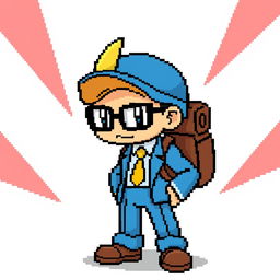 Create a complete overworld sprite of a Pokémon trainer wearing a blue suit and glasses